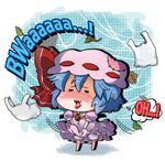  :3 :d bag bat_wings bloomers blue_hair blush bow brooch chibi closed_eyes detached_wings dress english hat hat_bow jewelry leaf lipstick makeup mini_wings minigirl noai_nioshi open_mouth plastic_bag remilia_scarlet ribbon smile solo touhou underwear wind wings 