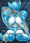  1boy 1girl artist_request blush breasts highres mecha robot robot_girl sitting 