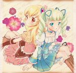  aikatsu! aikatsu!_(series) aqua_eyes blonde_hair blue_eyes blush boots capelet chiririn choker drill_hair flower glasses gloves hair_flower hair_ornament hair_ribbon hairband hoshimiya_ichigo long_hair looking_at_viewer multiple_girls open_mouth red_eyes ribbon sitting smile toudou_yurika twin_drills twintails 