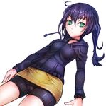  :&lt; bike_shorts blue_hair cameltoe choker copyright_request dutch_angle green_eyes highres hood hoodie long_hair looking_at_viewer simple_background slit_pupils solo taishi_(picchiridou) twintails white_background 