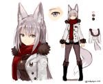  animal_ears boots foxgirl gray_eyes gray_hair long_hair necklace original pantyhose scarf signed sketch sukemyon tail white 