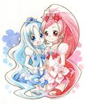  blue_choker blue_eyes blue_hair blue_skirt bow choker cure_blossom cure_marine dress hair_ornament hanasaki_tsubomi heart heartcatch_precure! kurumi_erika long_hair magical_girl multiple_girls open_mouth pink_bow pink_choker pink_eyes pink_hair ponytail precure ribbon ryun skirt smile traditional_media wrist_cuffs 