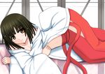  bakemonogatari brown_eyes brown_hair japanese_clothes lying miko monogatari_(series) natsuzakura_yuuki on_side open_clothes sengoku_nadeko short_hair 