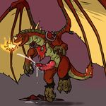  aggrobadger clothing cum cumshot dragon dripping erection fire hands-free horn male nude orgasm penis scalie solo torn_clothing transformation vein wings 