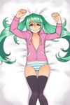  arms_up blue_eyes green_hair hatsune_miku hood hoodie long_hair lying no_pants on_back panties solo striped striped_panties thigh_gap thighhighs twintails underwear unzipped vocaloid yuksi 