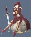  1girl absurdres anna_(fire_emblem) bag belt cape coin female fire_emblem gloves greaves highres keychain money nintendo official_art ponytail red_eyes red_hair sitting smile stuffed_animal stuffed_toy sword teddy_bear weapon wink 