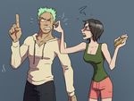  1girl annoyed black_eyes black_hair clenched_teeth collarbone compass ear_pull earrings flying_sweatdrops glasses green_hair hood hoodie index_finger_raised jewelry one_piece open_mouth roronoa_zoro scar shorts simple_background tan tank_top tashigi teeth 
