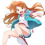  :d brown_eyes brown_hair denim denim_shorts falling hood hoodie idolmaster idolmaster_million_live! long_hair mofu oogami_tamaki open_mouth ponytail shoes shorts smile sneakers solo 