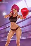  armpits bikini_bottom boxing_gloves boxing_ring breasts cleavage collarbone contrapposto copyright_request covered_nipples highres indoors large_breasts looking_at_viewer midriff navel pink_hair shirt solo standing stomach tank_top taut_clothes taut_shirt window yellow_eyes zx-77 
