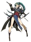  1girl absurdres boots fire_emblem fire_emblem:_kakusei fire_emblem:_rekka_no_ken fur_trim green_eyes green_hair high_ponytail highres long_hair lyndis_(fire_emblem) miwa_shirou official_art solo sword weapon 