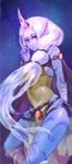  armlet bandages bracelet ccc1812 horn jewelry league_of_legends long_hair pale_skin pointy_ears ponytail pouch purple_skin silver_hair solo soraka strap very_long_hair wide_hips yellow_eyes 