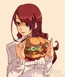  2013 dated food hamburger junkpuyo kirijou_mitsuru long_hair persona persona_3 red_eyes red_hair school_uniform smile solo 
