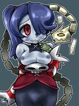  1girl bare_shoulders blue_hair blue_skin blush breasts dark_nipples detached_sleeves hair_over_one_eye leviathan_(skullgirls) long_hair long_skirt medium_breasts nekoyuu nipples red_eyes side_ponytail skirt skull skullgirls solo squigly_(skullgirls) stitched_mouth stitches striped_sleeves sweatdrop wardrobe_malfunction zombie 