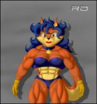  biceps blue_hair bodybuilder breasts canine carmelita_fox clothed clothing collar female fox gloves hair invalid_tag looking_at_viewer mammal muscles muscular_female skimpy sly_cooper sly_cooper_(series) solo unknown_artist 