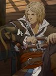  assassin's_creed_(series) assassin's_creed_iv:_black_flag belt blonde_hair boots clenched_hand closed_eyes collarbone edward_kenway facial_hair gb_(doubleleaf) gun handgun hood hood_down long_hair male_focus monkey pistol sash sitting sleeping smile solo stubble weapon yellow_eyes 