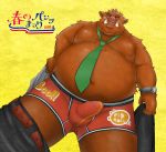  2011 anthro boar bulge clothing japanese_text male mammal moobs mumimushu5 navel necktie nipples overweight overweight_male pants porcine shirt simple_background solo text underwear 