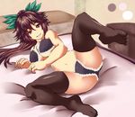  bed black_legwear black_panties bow bra breasts brown_hair cape come_hither grin hair_bow large_breasts long_hair lorica_(green_tea) open_mouth panties red_eyes reiuji_utsuho skirt smile solo spread_legs thighhighs third_eye touhou underboob underwear underwear_only wings 