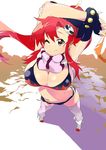  absurdres arms_up bikini_top boots breasts cleavage fingerless_gloves gloves hair_ornament highres large_breasts long_hair looking_at_viewer navel one_eye_closed perspective ponytail red_hair scarf shiny shiny_skin short_shorts shorts skull_hair_ornament smile solo tami_shichi tengen_toppa_gurren_lagann thighhighs yellow_eyes yoko_littner 