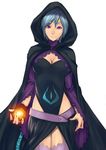  althea althea_(mirage_noir) belt blue_hair cape fire mage magic mirage_noir purple_eyes thighhighs zettai_ryouiki 