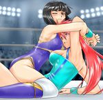  black_hair blue_eyes blue_leotard bob_cut boots breasts cleavage cleavage_cutout large_breasts leotard lips long_hair mighty_yukiko minami_toshimi multiple_girls pink_hair purple_eyes short_hair sweat tomjpn wrestle_angels wrestle_angels_survivor wrestling wrestling_outfit wrestling_ring 