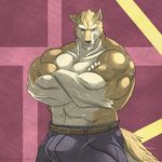  abs anthro balls belt bicep biceps big_muscles brown_fur bulge canine clothing crossed_arms fangs flexing fur grin hair huge_muscles jeans looking_at_viewer male mammal muscles pants pecs pose purple_eyes reclamon smile solo standing toned topless white_fur wolf 