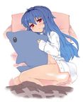  blue_hair blush bottomless dolphin hinanawi_tenshi long_hair looking_at_viewer no_hat no_headwear on_bed open_clothes open_shirt pillow red_eyes shibatenko shirt simple_background solo stuffed_animal stuffed_dolphin stuffed_toy touhou very_long_hair white_background 