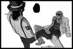  2boys belt bird cigar goggles goggles_on_head hat hattori_(one_piece) jacket male male_focus monochrome multiple_boys one_piece paulie rob_lucci shoulder_perch suspenders tank_top tattoo top_hat water_7 xla009 