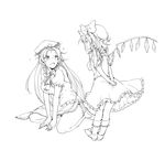  arms_behind_back blush braid closed_eyes dress flandre_scarlet greyscale hat highres hong_meiling kiguchiko lineart long_hair monochrome multiple_girls short_hair simple_background sitting smile standing touhou twin_braids wariza wings 