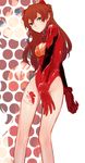  adapted_costume bad_anatomy bigoru blue_eyes brown_hair highres legs leotard long_hair neon_genesis_evangelion plugsuit polka_dot polka_dot_background rebuild_of_evangelion red_leotard shikinami_asuka_langley skin_tight solo souryuu_asuka_langley zoom_layer 