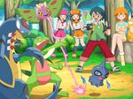  1boy 3girls armaldo audrey_(pokemon) battle brown_eyes brown_hair dustox green_hair grovyle kasumi_(pokemon) katharyn_(pokemon) kathryn_(pokemon) masato_(pokemon) multiple_girls nintendo orange_hair pokemoa pokemon pokemon_(anime) psyduck ralts siblings soara twins 