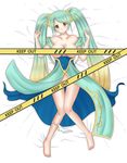  aqua_hair bare_shoulders blonde_hair blush breasts caution_tape censored gradient_hair keep_out knees_together_feet_apart large_breasts league_of_legends long_hair lying multicolored_hair panties panties_around_one_leg solo sona_buvelle twintails underwear very_long_hair white_panties yellow_eyes yushako 