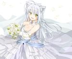  ahoge animal_ears blush bouquet braid breasts cat_ears cat_tail cleavage dog_days dress elbow_gloves fang flower gloves large_breasts leonmitchelli_galette_des_rois long_hair looking_at_viewer mobu_(nonoichi) open_mouth petals side_braid silver_hair simple_background single_braid smile solo tail wedding_dress white_background yellow_eyes 