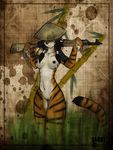  ak-47 anthro bamboo black_hair black_skin breasts feline female grass green_eyes gun hair hat invalid_background mammal nipples nude pigtails pinup pose pussy ranged_weapon rice_hat rifle sabot solo standing stripes tiger viet_minh weapon 
