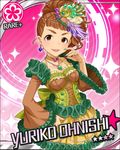  brown_eyes brown_hair card_(medium) character_name corset dress earrings eyebrows feathers flower_(symbol) frills hair_feathers hair_ornament idolmaster idolmaster_cinderella_girls jewelry looking_at_viewer nail_polish necklace official_art oonishi_yuriko pink_background smile solo 