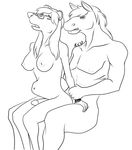  2013 anal anthro black_and_white breasts bulge dickgirl duo equine erection eyewear glasses horse intersex male mammal monochrome nipples nude penetration penis plain_background sex vck 