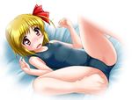  bare_shoulders bed_sheet blonde_hair collarbone from_above neopure one-piece_swimsuit red_eyes red_ribbon ribbon rumia school_swimsuit short_hair skin_tight solo spread_legs swimsuit toes touhou 