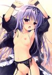  :o absurdres armpits blush breasts chikotam copyright_request d: dress full-face_blush garter_belt highres looking_at_viewer nipples no_bra no_panties open_clothes open_dress open_mouth parted_lips purple_eyes purple_hair pussy_juice small_breasts solo tareme wrist_cuffs 