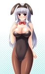  animal_ears blush bow bowtie breasts bunny_ears bunnysuit cleavage covered_navel detached_collar fake_animal_ears idolmaster idolmaster_(classic) large_breasts long_hair nak_yama pantyhose polka_dot polka_dot_background purple_eyes revision shijou_takane silver_hair solo 