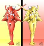  anthro blonde_hair blush breasts female green_eyes hair latair010 latiar010 latias legendary_pok&#233;mon nintendo pok&#233;mon pok&eacute;mon pussy red_hair red_skin video_games yellow_eyes yellow_skin 