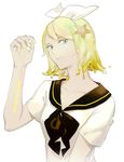  bare_arms blonde_hair blue_eyes bottle_rin breasts closed_mouth hairband head_tilt kagamine_rin liquid_hair looking_at_viewer nail_polish par. school_uniform serafuku short_hair short_sleeves simple_background small_breasts solo starfish vocaloid white_background yellow_nails 