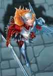  alternate_costume alternate_eye_color alternate_hair_color armor brown_eyes ear_armor forehead_protector from_above gloves helmet league_of_legends leg_armor leona_(league_of_legends) long_hair orange_hair shield solo sword weapon zodi 