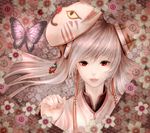  bad_id bad_pixiv_id bug butterfly floral_background hair_ornament insect lips looking_at_viewer mask matoi_(pso2) mikoto_cluster phantasy_star phantasy_star_online_2 red_eyes silver_hair solo syuriko texture twintails 