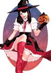  black_eyes black_hair boots dress fingerless_gloves frills gloves hat mahito_(tranjistor) original pumpkin solo thighs witch_hat 