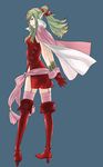  absurdres arms_behind_back boots cape chiki elf fire_emblem fire_emblem:_kakusei full_body garter_straps gloves green_eyes green_hair hair_ornament hair_ribbon high_heels highres kozaki_yuusuke looking_back mamkute official_art pigeon-toed pink_legwear pointy_ears ponytail red_gloves red_legwear ribbon sash scan shoes sidelocks simple_background solo thigh_boots thighhighs 