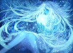  blue commentary_request crystal dress floating floating_hair glowing holding light long_hair long_sleeves looking_down magic original sakimori_(hououbds) solo very_long_hair 