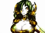  breasts cleavage copyright_request hair_over_one_eye horns large_breasts neon_trim simple_background solo white_background xpisigma 
