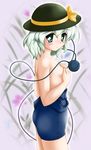  bare_back bare_shoulders blush breasts covering covering_breasts cowboy_shot eyeball from_side green_eyes green_hair hat komeiji_koishi neopure off_shoulder one-piece_swimsuit school_swimsuit silver_hair small_breasts solo standing swimsuit swimsuit_pull third_eye touhou 