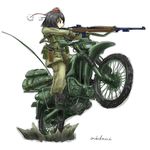  belt black_hair boots commentary_request expressionless gloves ground_vehicle gun handgun hat highres holster looking_away m1_carbine military military_uniform motor_vehicle motorcycle muhedoruri pistol red_eyes riding rifle shameimaru_aya short_hair solo tokin_hat touhou uniform weapon wheelie 