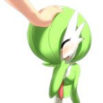  beige_skin blush breasts cleavage clothed clothing cute daww eyes_closed female gardevoir green_hair green_shirt hair hand_on_head looking_down necktie nintendo open_mouth petting plain_background pok&#233;mon pok&eacute;mon shy smile soft_focus video_games white_background white_skin white_skirt 