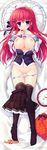  1girl absurdres alia&#039;s_carnival! alia's_carnival! black_legwear bra breast_suppress breasts cleavage copyright_name dakimakura highres knees_together_feet_apart legs long_hair mitha nipples open_clothes open_shirt ousaka_asuha panties panty_pull pillow pink_hair purple_eyes red_hair school_uniform shirt skirt skirt_around_one_leg skirt_pull solo thighhighs title_drop underwear white_bra white_panties 